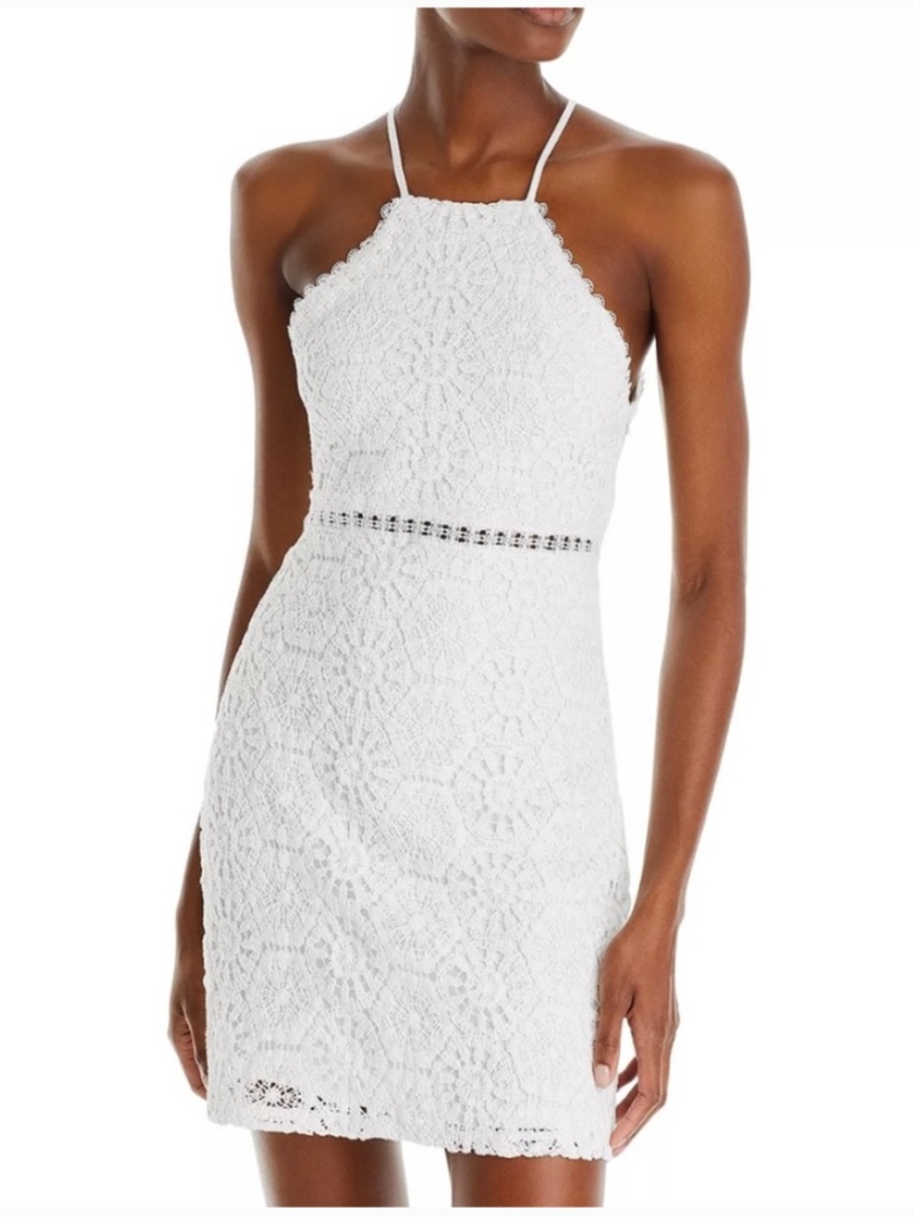 AQUA White Lace Crochet Sheath Halter Mini Dress Size L Cotton Blend